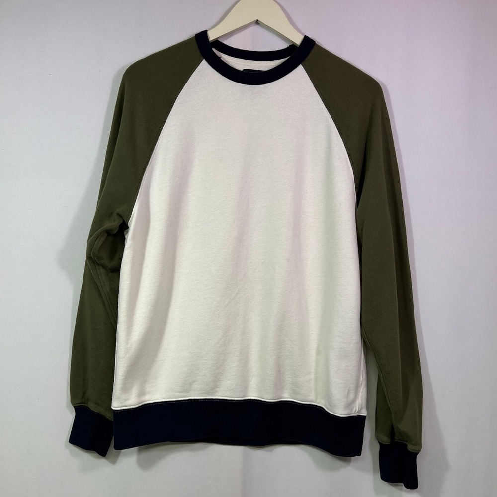 J. Crew Mens Authentic Fleece Raglan Sweatshirt Medium Colorblock Olive Cream